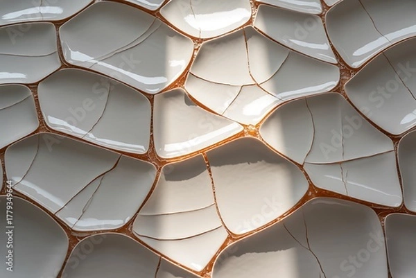 Fototapeta Abstract Textured Ceramic Surface with Golden Cracks and Shadow Patterns