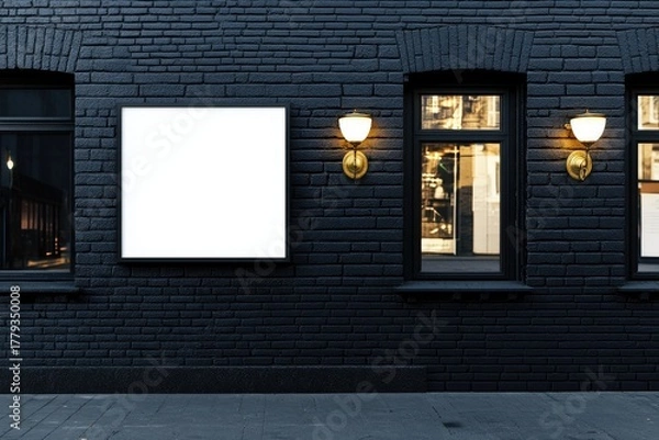 Fototapeta Dark brick building facade with blank signage and windows
