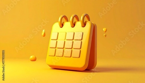 Fototapeta A 3D rendered, yellow, desk calendar sits on a matching background. Liquid droplets and spheres add interest