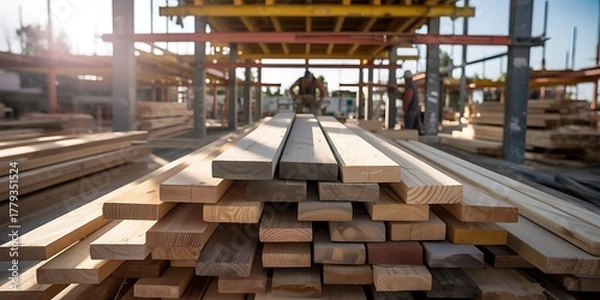 Fototapeta Construction Site Lumber Stacked Ready for Building Projects in Sunlight