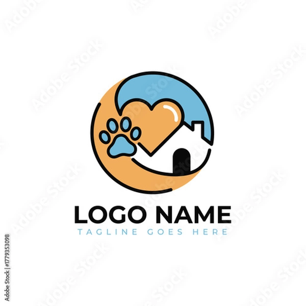 Obraz Adorable paw print and house logo design symbolizing care, shelter, and love for pets, perfect for animal rescue or veterinary businesses seeking warmth and trust.