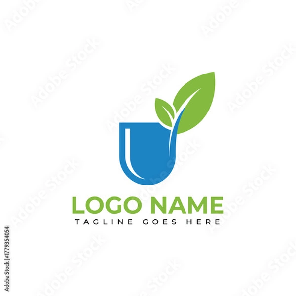 Obraz Modern U-shaped logo with vibrant green leaves symbolizing growth and nature, perfect for eco-friendly brands
