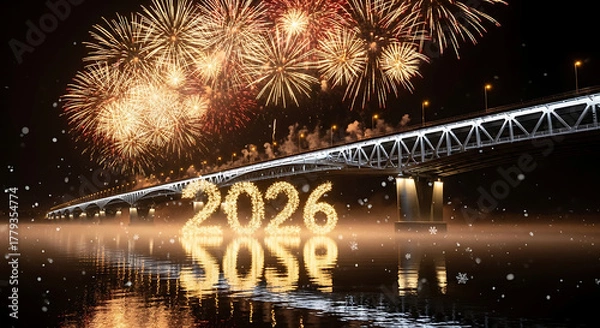 Obraz Spectacular Fireworks Display over River and Bridge Celebrating the Year 2026