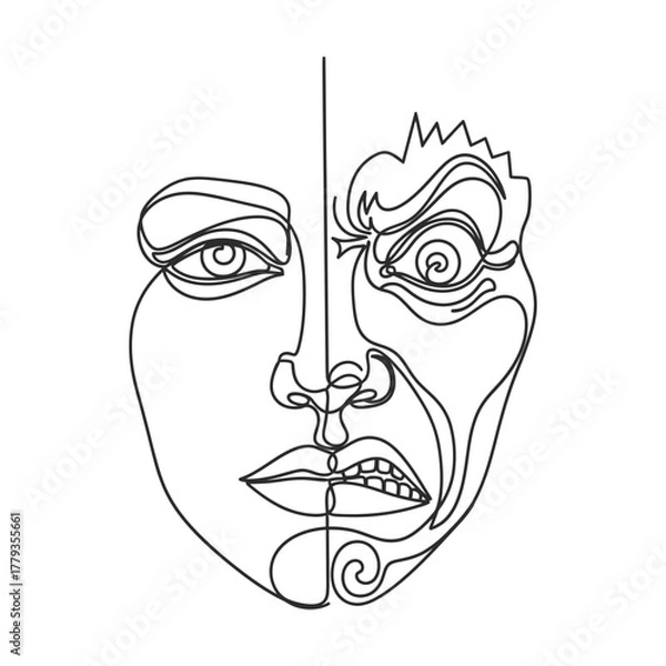 Obraz Expressive line art face showcasing emotional duality and modern minimalist design, perfect for artistic projects or conveying complex feelings with abstract style