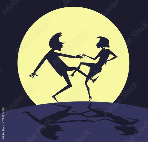 Fototapeta Dancing under the full moon. Silhouettes of dancing woman and man against the background of the moon