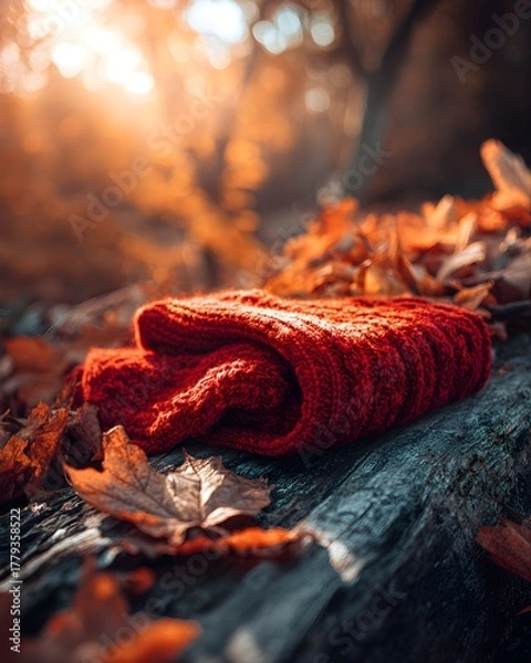 Obraz Warm Knitted Red Scarf Forgotten on a Sunlit Rustic Park