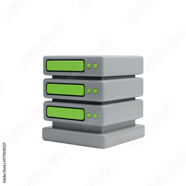 Obraz Stack of four identical gray hard drives with green indicator lights isolated on transparent background