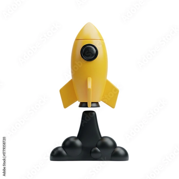 Obraz Bright yellow 3d cartoon rocket ship launching with smoke isolated on transparent background