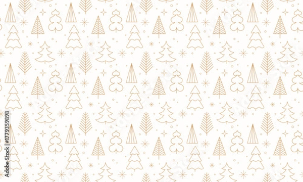 Obraz Seamless winter background pattern with linear Christmas trees and snowflakes.