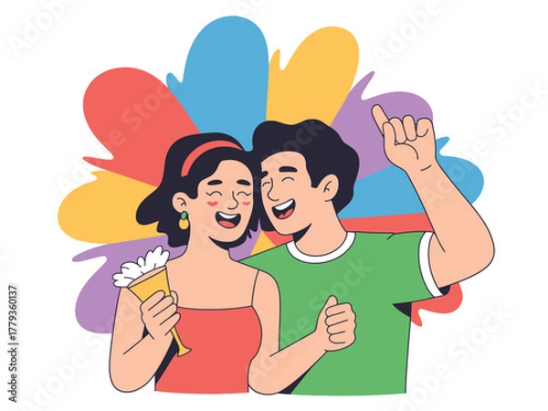 Fototapeta A joyful couple embraces with colorful abstract shapes behind them, celebrating happiness.