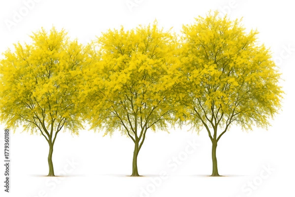 Fototapeta A collection of flowering frontal street trees of Parkinsonia aculeata (also known as palo verde, Mexican palo verde, Parkinsonia, and Jerusalem thorn) that are carefully carved cut out.