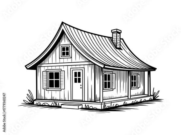 Fototapeta A charming, rustic cottage with a steep, gabled roof sits surrounded by grass.