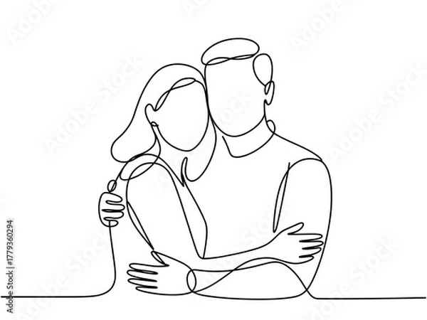 Fototapeta A loving couple embraces in a simple continuous line drawing, symbolizing connection and affection.