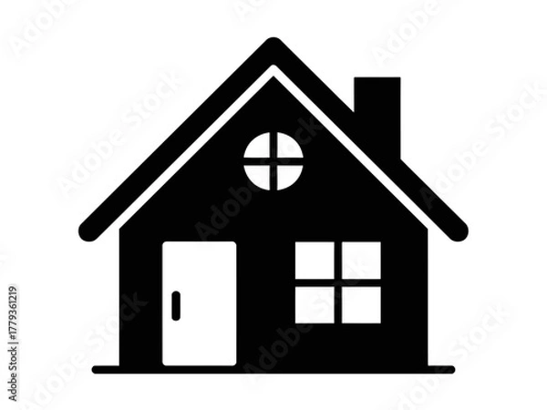 Fototapeta A simple black silhouette of a house with a door and windows is depicted.
