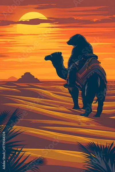 Fototapeta Sunset in the desert with a bear riding a camel against a warm orange sky