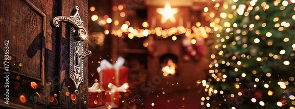 Fototapeta A Christmas Room with a Tree and Presents. An Open Old Door with a Magic Key. A Cozy Room with a Fireplace and Sparkling Lights