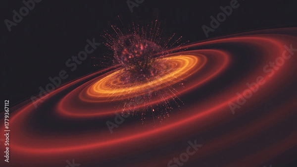 Fototapeta Abstract swirling galaxy with glowing red and orange cosmic dust and bright star formations in deep space