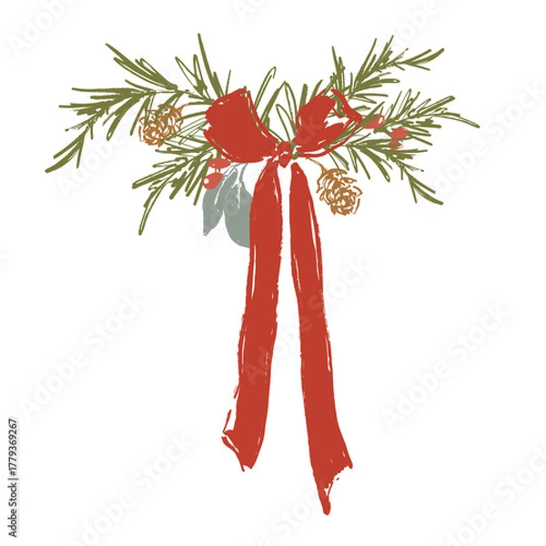 Fototapeta Whimsical Christmas floral card of big red bow, berries, pine cone and branch. Hand-drawn vintage poster isolated on white background. Illustration for design, print, fabric or background.