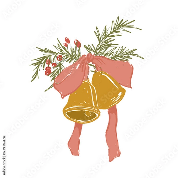 Fototapeta Whimsical Christmas floral card of pink bow, Christmas bell, berries and fir branch. Hand-drawn vintage poster isolated on white background. Illustration for design, print, fabric or background.