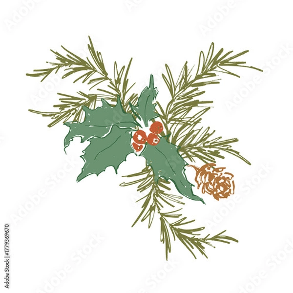 Fototapeta Whimsical Christmas floral card of berries, holly, pine cone and branch. Hand-drawn vintage poster isolated on white background. Illustration for design, print, fabric or background.