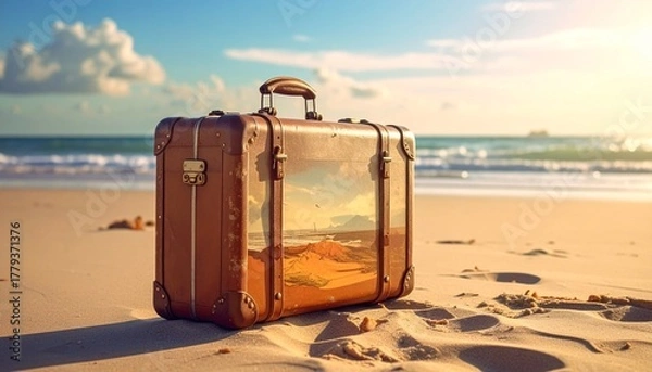 Fototapeta Vintage Brown Suitcase on Sandy Beach with Palm Fronds and Turquoise Ocean Symbolizing Tropical Travel Nostalgic Adventure and Editorial Styling for Vacation and Lifestyle Use