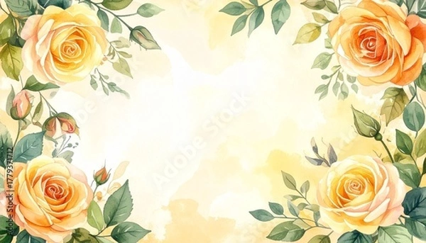 Fototapeta Floral Border of Yellow and Peach Roses with Green Leaves Framing Blank Cream Center on Soft Background Symbolizing Elegant Invitation Warm Celebration and Editorial Styling for Decorative and Lifesty
