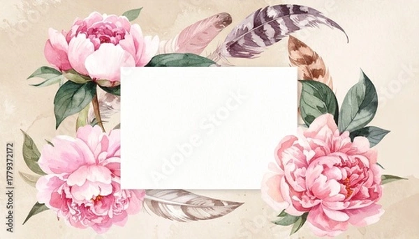 Fototapeta Floral Arrangement with Pink Peonies Feathers Butterflies and Birds on Soft Beige Background Symbolizing Romantic Elegance Artistic Nature and Editorial Styling for Decorative and Lifestyle Use