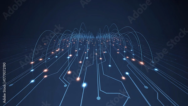 Obraz Abstract futuristic digital circuit board with glowing lights and data streams on dark background