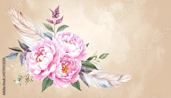 Fototapeta Floral Arrangement with Pink Peonies Feathers Butterflies and Birds on Soft Beige Background Symbolizing Romantic Elegance Artistic Nature and Editorial Styling for Decorative and Lifestyle Use