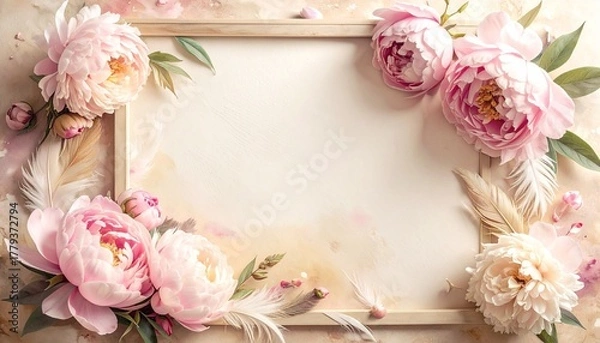 Fototapeta Floral Arrangement with Pink Peonies Feathers Butterflies and Birds on Soft Beige Background Symbolizing Romantic Elegance Artistic Nature and Editorial Styling for Decorative and Lifestyle Use