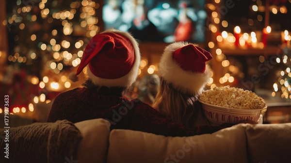 Obraz Cozy couple cuddled on couch watching Christmas movie, wearing comfortable Santa hats, popcorn bowl, string lights, TV glow on faces, intimate setting, hygge atmosphere, warm tones