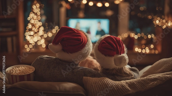 Obraz Cozy couple cuddled on couch watching Christmas movie, wearing comfortable Santa hats, popcorn bowl, string lights, TV glow on faces, intimate setting, hygge atmosphere, warm tones