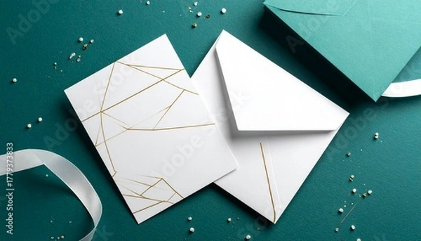 Fototapeta Minimalist Geometric Cards with Gold Lines and Watercolor Accents on Teal Background with Satin Ribbon and Dried Flowers Symbolizing Elegant Invitation Modern Stationery and Editorial Styling for Life