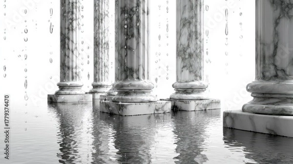 Fototapeta Ancient Pillars in Rain: A row of grand marble pillars stand majestically, their surfaces glistening with raindrops, reflected in the still water below.
