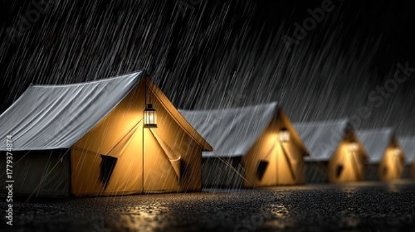 Fototapeta Sheltered Serenity Amidst the Storm: A row of glowing tents stands resilient against a stormy downpour, creating a scene of cozy comfort.