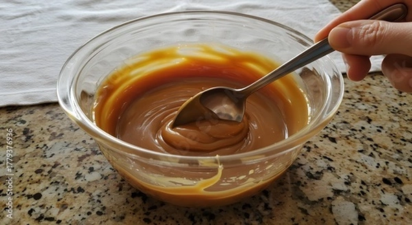 Obraz Creamy dulce de leche being mixed with a silver spoon on granite, glowing in warm daylight.