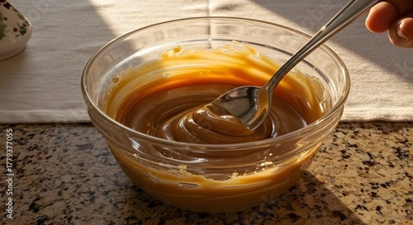 Obraz Silver spoon swirls through rich dulce de leche under the gentle warmth of morning light.
