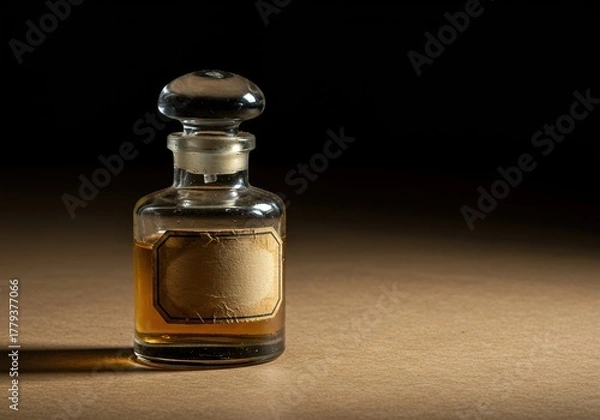 Obraz Old glass perfume bottle with faded label resting on aged paper, suggesting nostalgic scents and historical charm ,wood ,vessel ,classic