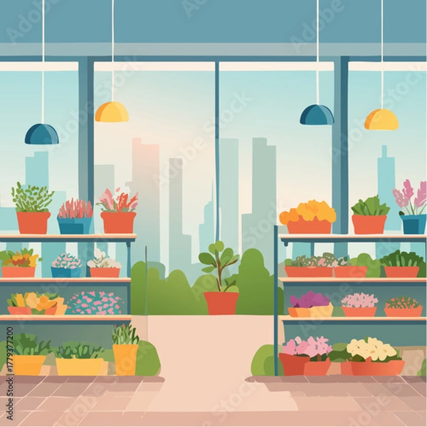 Fototapeta Interior of a plant and flower shop - 2D vector in cartoon animation style