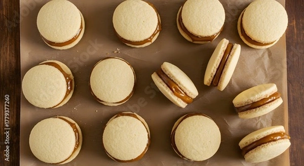 Obraz Alfajores filled with dulce de leche, arranged on parchment paper in a handcrafted, homemade style, on a wooden table.