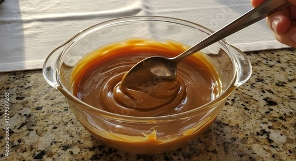 Obraz Soft morning light highlights a bowl of dulce de leche being stirred with elegance and warmth.
