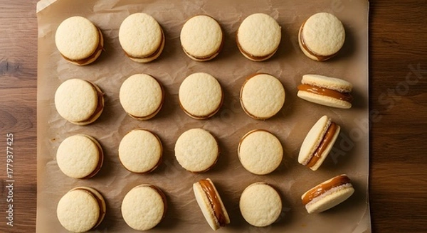 Obraz Flat lay of dulce de leche alfajores arranged on parchment paper over a wooden table.