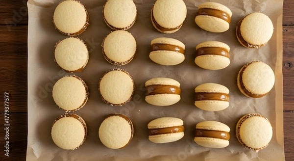 Obraz Artisan alfajores with creamy dulce de leche filling, styled on parchment for a cozy feel.