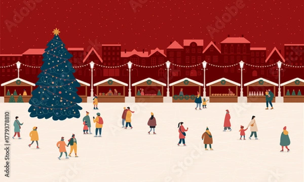 Obraz People Skating on Ice Rink with Christmas Tree and Festive Market