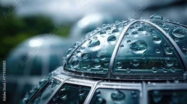 Fototapeta Rain-Kissed Dome: Water droplets cling delicately to the surface of a futuristic glass dome, reflecting the moody, overcast sky in a serene outdoor scene.