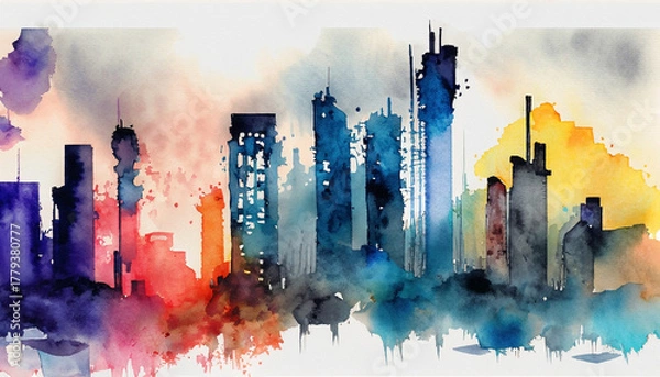 Obraz  Abstract watercolor painting of a vibrant, colorful cityscape.