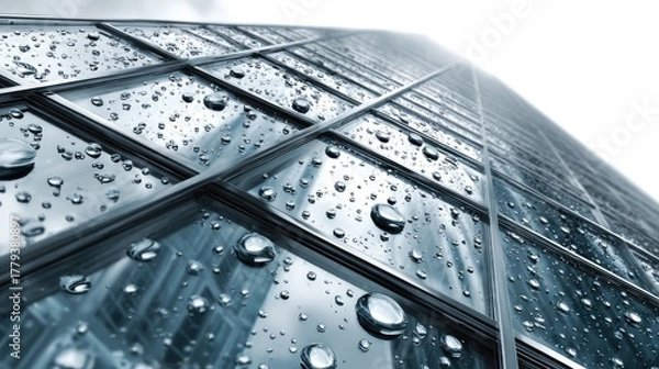 Fototapeta Cityscape Reflections: A captivating upward perspective of a modern skyscraper, its glass facade adorned with glistening raindrops, mirroring the urban environment around it. 