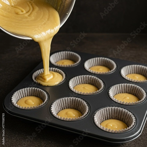 Fototapeta Pouring golden cupcake batter from a metal bowl into paper baking liners arranged neatly in a large muffin tin, ready for the oven ,domestic ,preparing ,oven