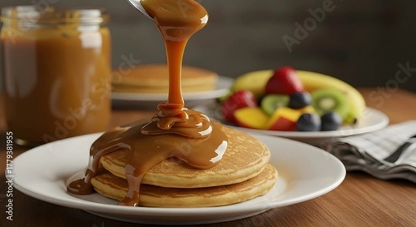 Obraz Dulce de Leche Drip Over Pancakes in a Joyful, Fruit-Blurred Scene
