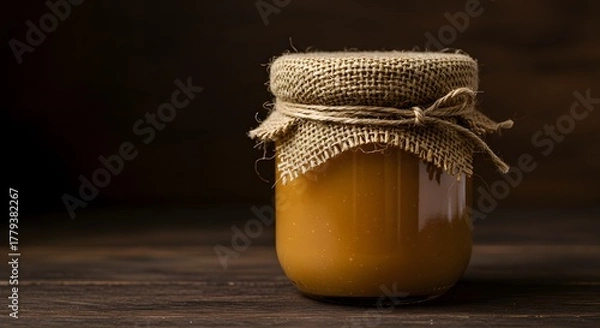 Obraz Rustic Jar of Dulce de Leche Wrapped in Burlap and Twine with a Premium Feel